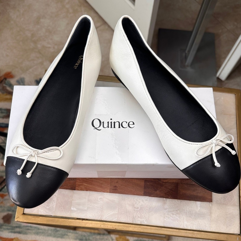 Quince Italian Leather Cap-Toe Ballet NWB Flat SZ10 Bone Black Classic